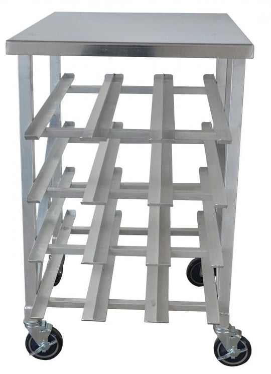 Omcan 27770 four layer mobile can rack with aluminum top table and casters