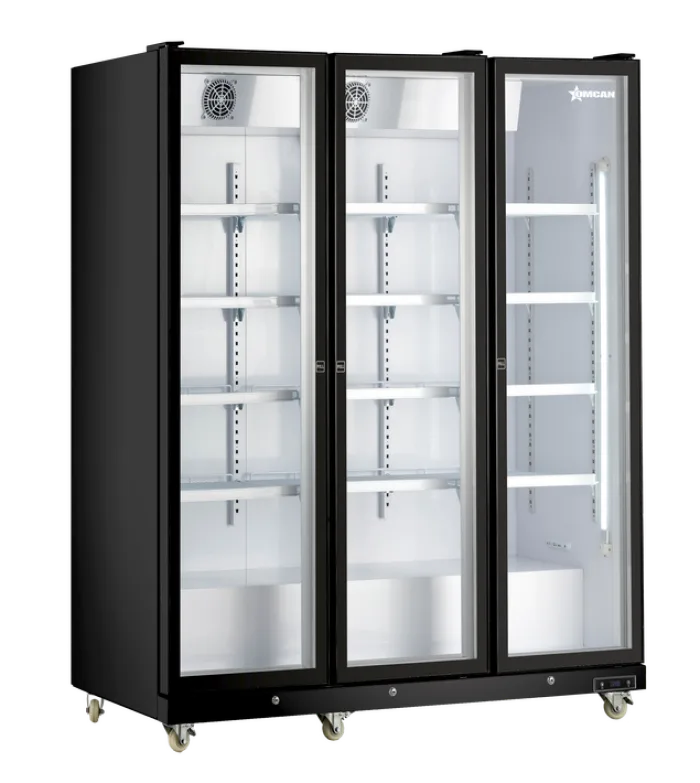 Omcan RE-CN-1500B 72 inch black three glass door display refrigerator