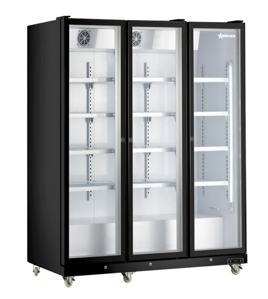 Omcan RE-CN-1500B 72 inch black three glass door display refrigerator