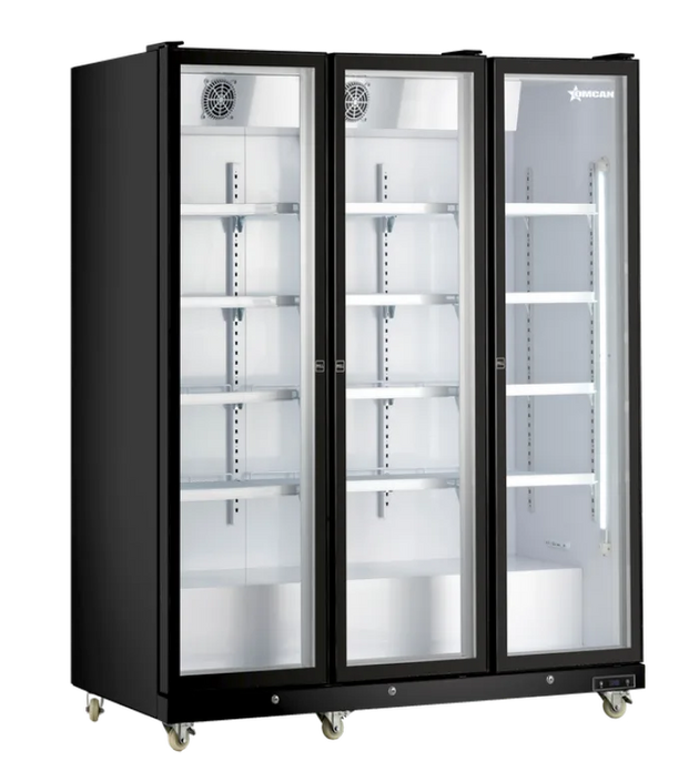 Omcan RE-CN-1500B 72 inch black three glass door display refrigerator