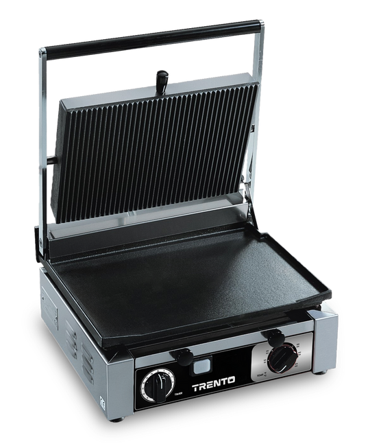 Omcan PG-IT-0381 Trento single panini grill with ribbed top and smooth bottom plates