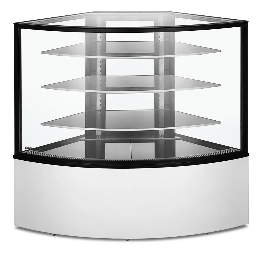 Omcan RS-CN-0351-C 59 inch refrigerated corner floor glass display case