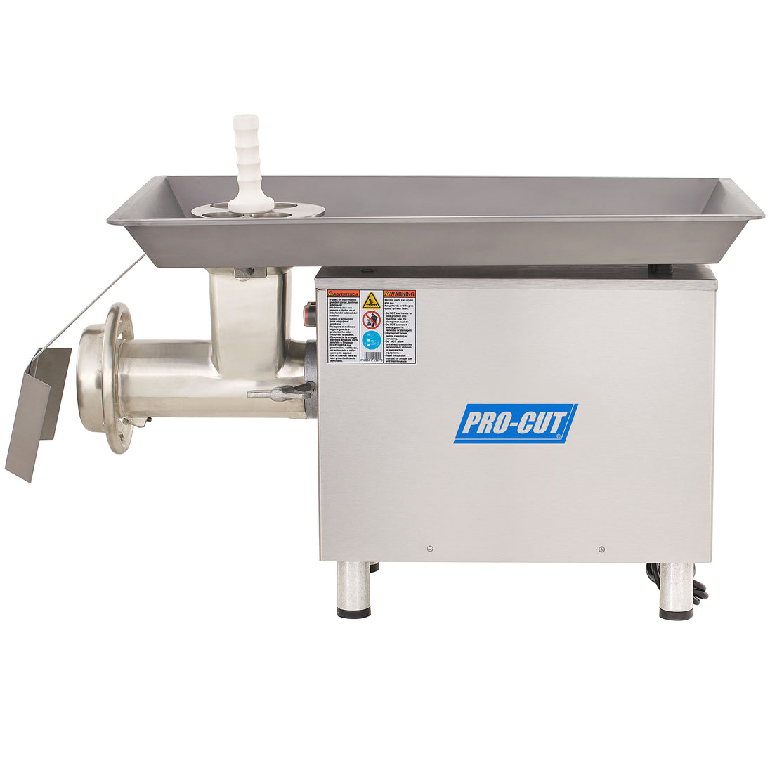 Pro-Cut KG-32 Meat Grinder Electric #32 Hub — right side view with feed pan and discharge chute