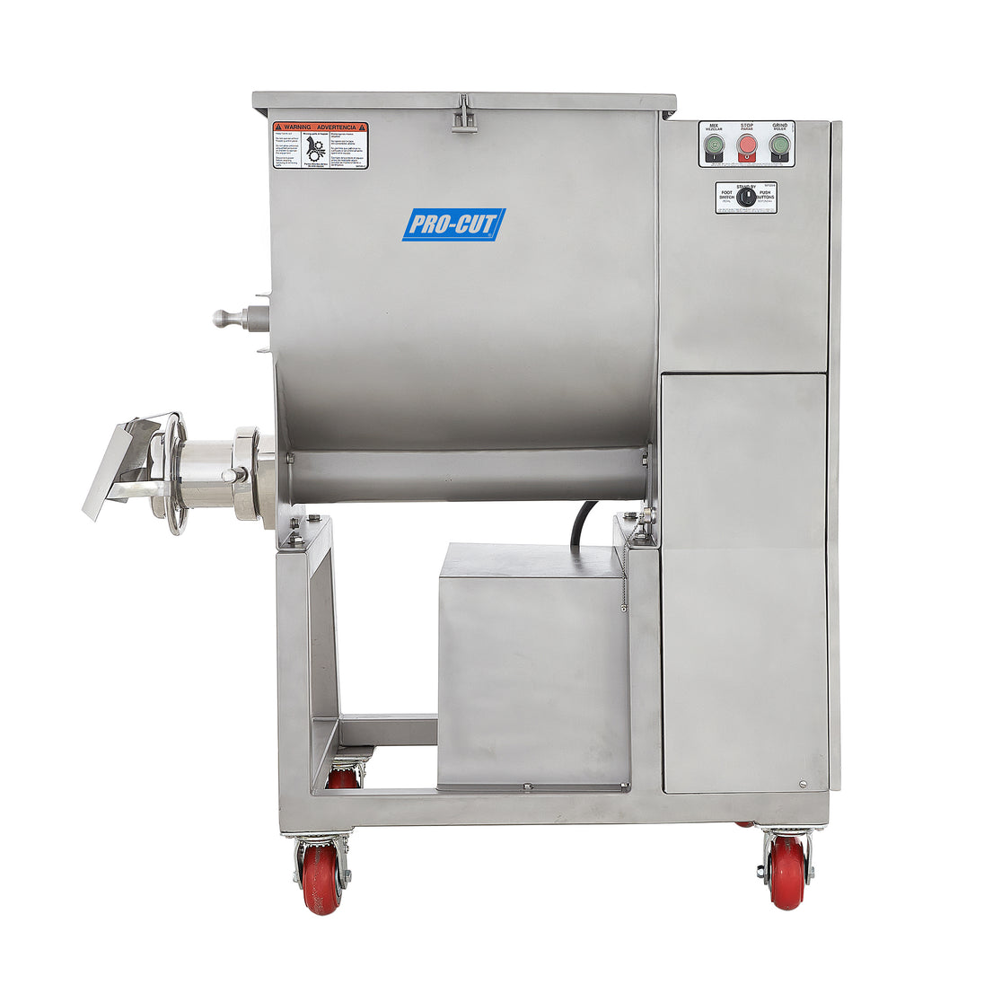 Pro-Cut KMG-32 Meat Grinder Electric #32 Hub — rear three-quarter view on casters