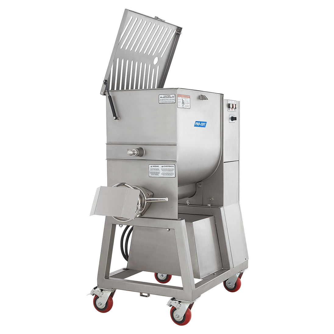 Pro-Cut KMG-32 Meat Grinder Electric #32 Hub — side view with the mixing chamber lid raised