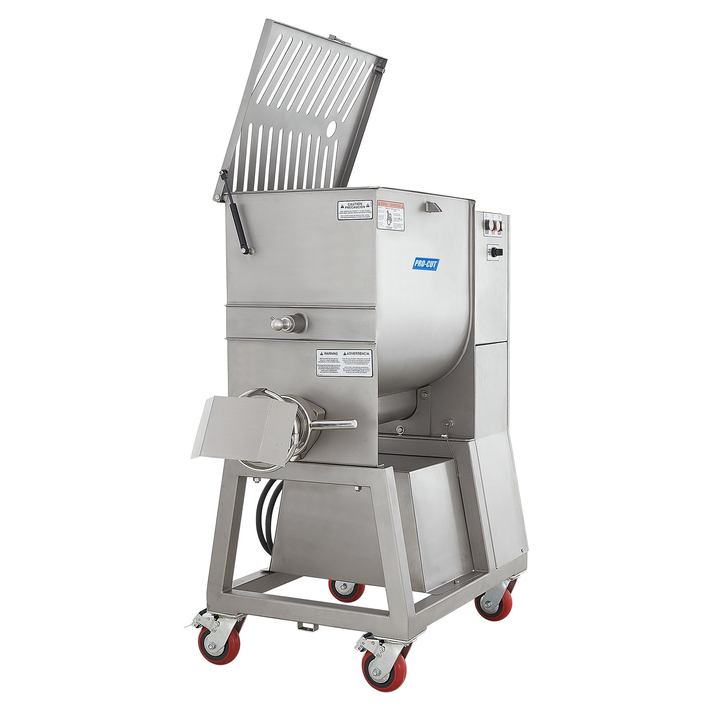 Pro-Cut KMG-32 Meat Grinder Electric #32 Hub — side view with the mixing chamber lid raised