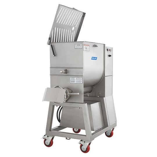 Pro-Cut KMG-32 Meat Grinder Electric #32 Hub — side view with the mixing chamber lid raised