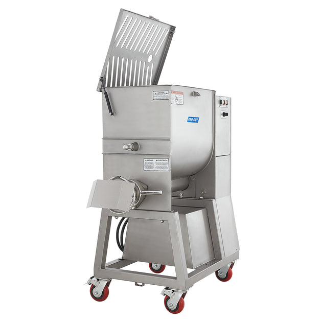 Pro-Cut KMG-32 Meat Grinder Electric #32 Hub — side view with the mixing chamber lid raised