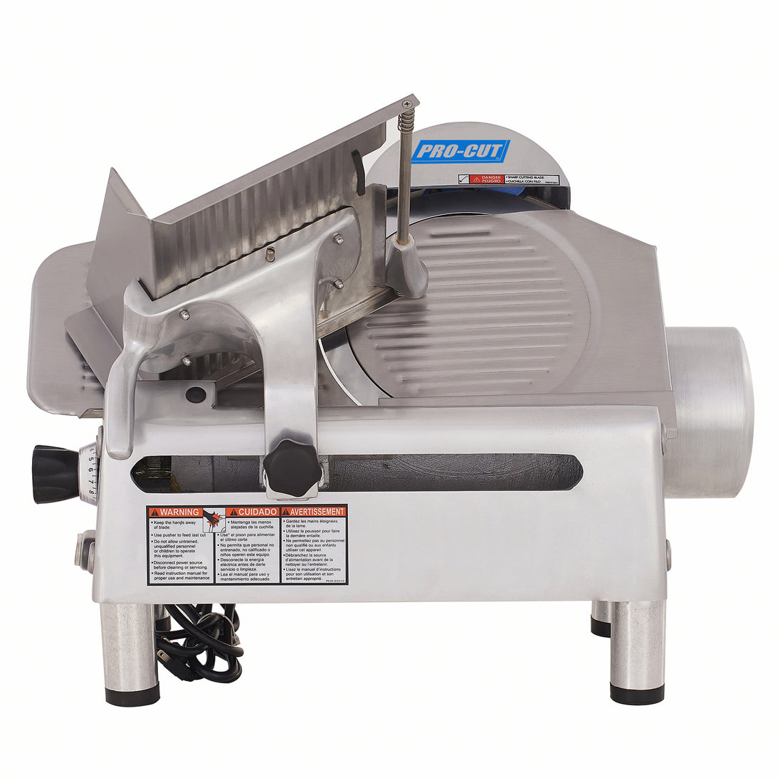Pro-Cut KMS-12 Meat Slicer Manual 45° Angled Gravity Feed — front three-quarter view showing blade and carriage