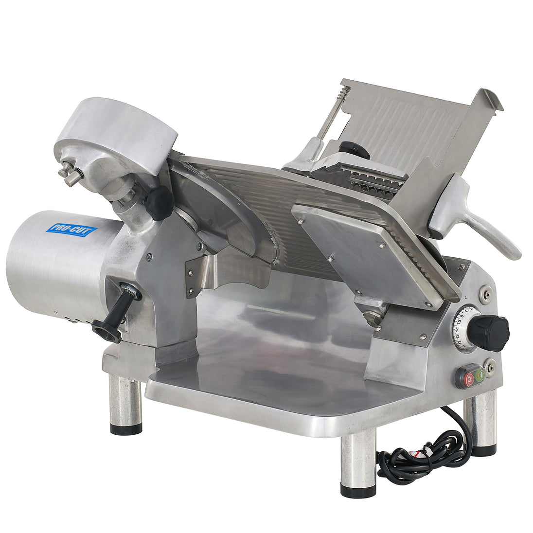 Pro-Cut KMS-13 Meat Slicer Manual 45° Angled Gravity Feed — elevated three-quarter view showing the blade