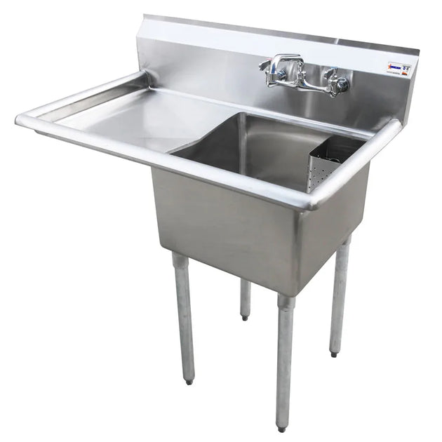 Omcan 25263 one tub stainless steel sink with corner drain and left drainboard