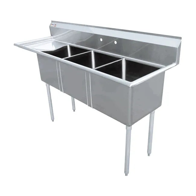 Omcan 25271 three tub sink with corner drains and left drainboard