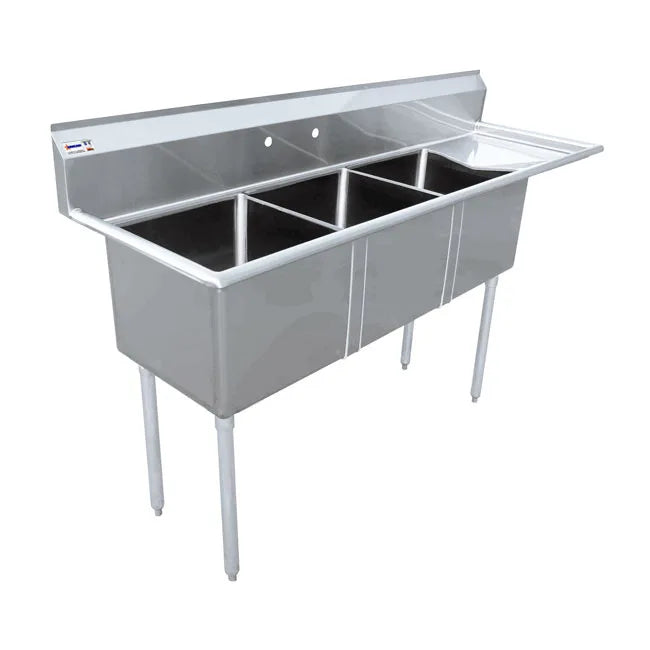 Omcan 43777 three tub sink with center drains and right drainboard