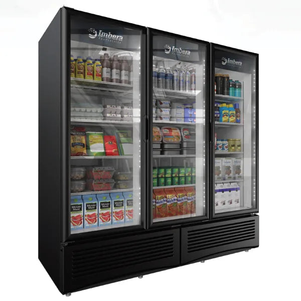 Omcan G372 Imbera 79 inch three glass door merchandiser refrigerator in black