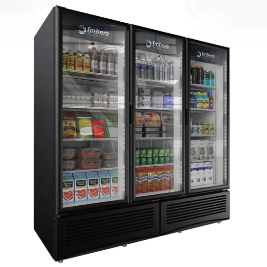 Omcan G372 Imbera 79 inch three glass door merchandiser refrigerator in black