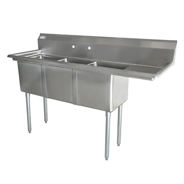 Omcan 22116 three tub stainless steel sink with corner drains and right drainboard