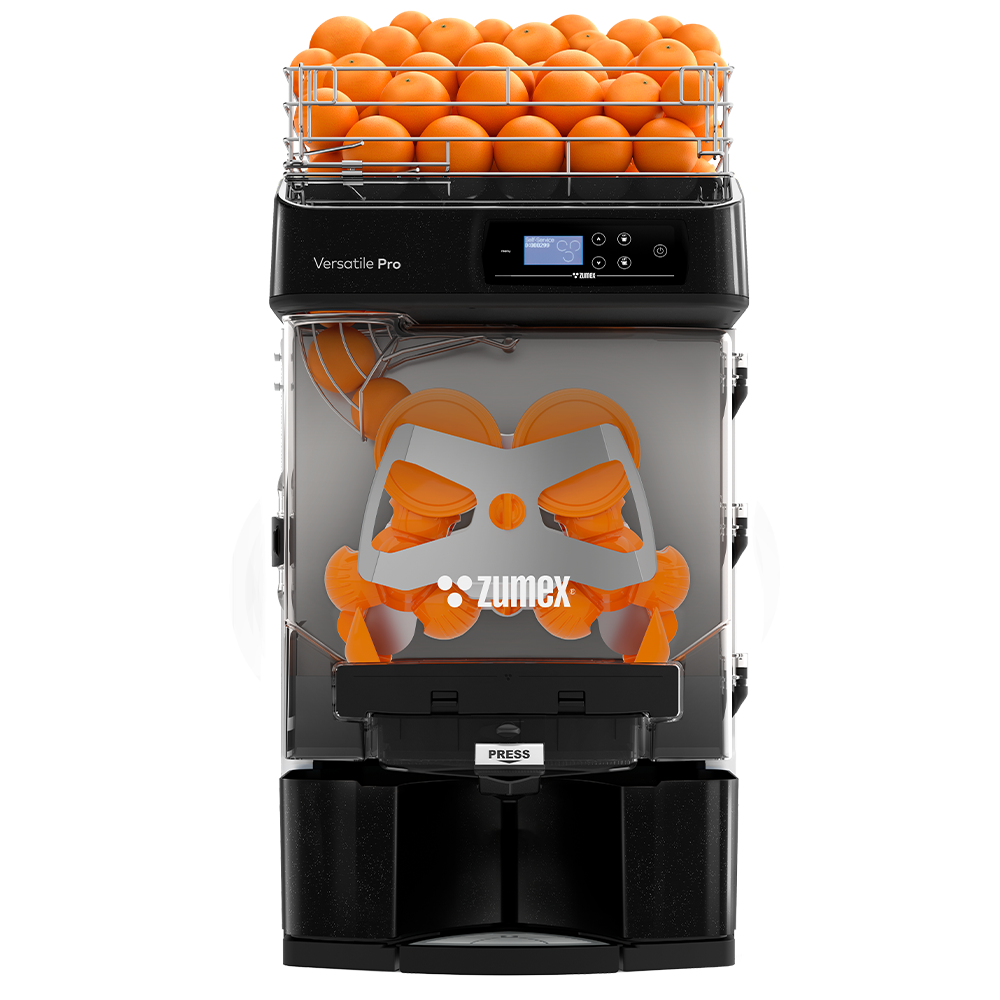 Zumex Versatile Pro countertop automatic citrus juicer in black with 35 lb feeder