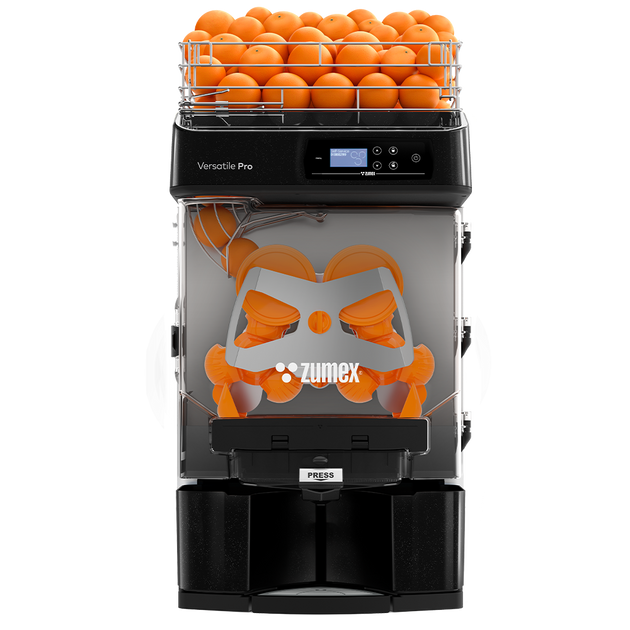 Zumex Versatile Pro countertop automatic citrus juicer in black with 35 lb feeder