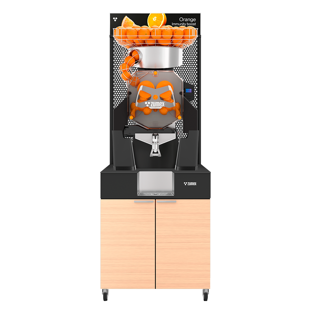 Zumex Speed S Plus Juice Corner Wide citrus juicer with oiled oak furniture