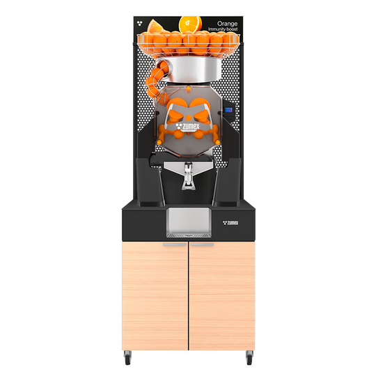 Zumex Speed S Plus Juice Corner Wide citrus juicer with oiled oak furniture