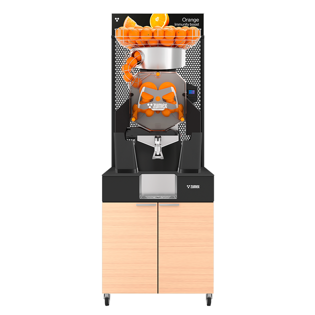 Zumex Speed S Plus Juice Corner Wide citrus juicer with oiled oak furniture