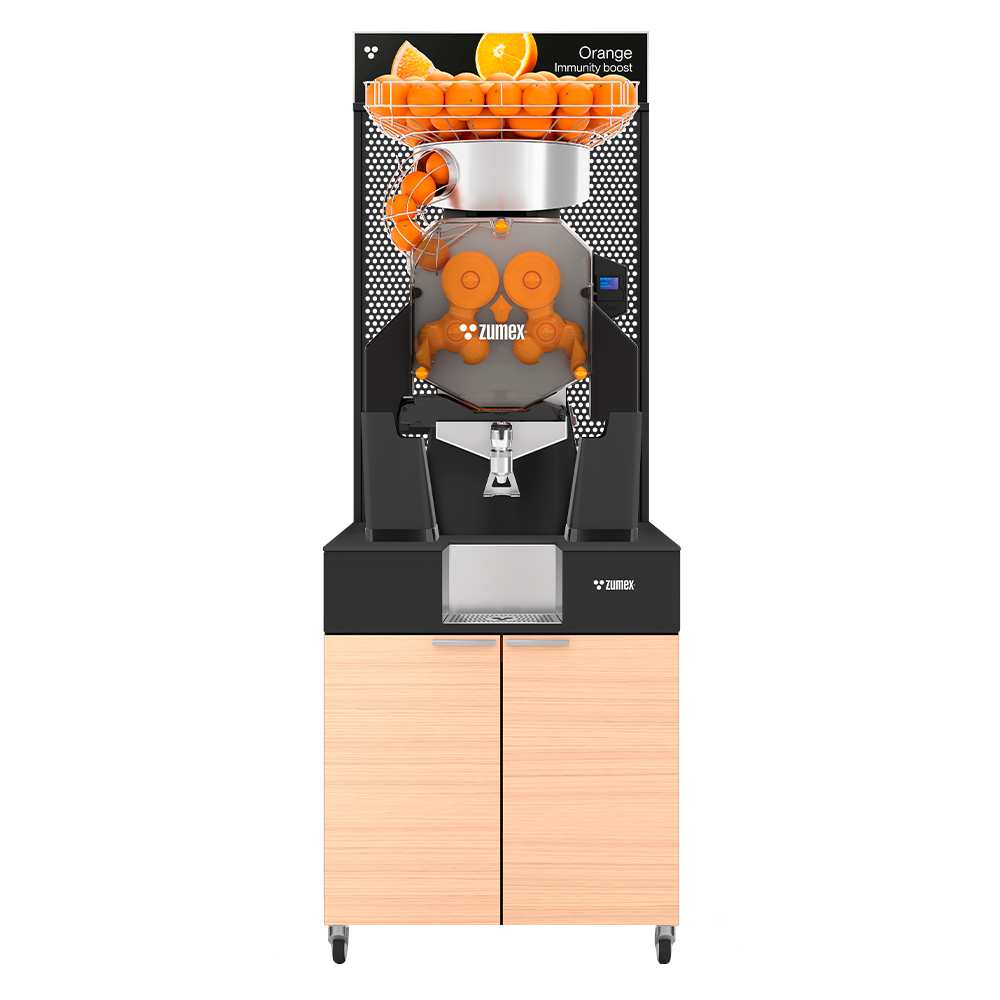 Zumex Speed Up Juice Corner Wide citrus juicer with oiled oak furniture