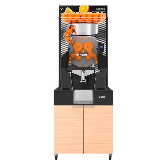 Zumex Speed Up Juice Corner Wide citrus juicer with oiled oak furniture