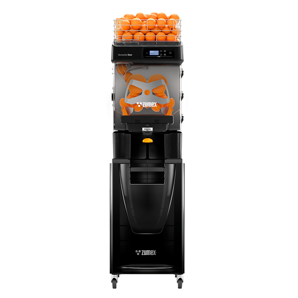Zumex Versatile Star All-in-One Slim self-service citrus juicer on black podium