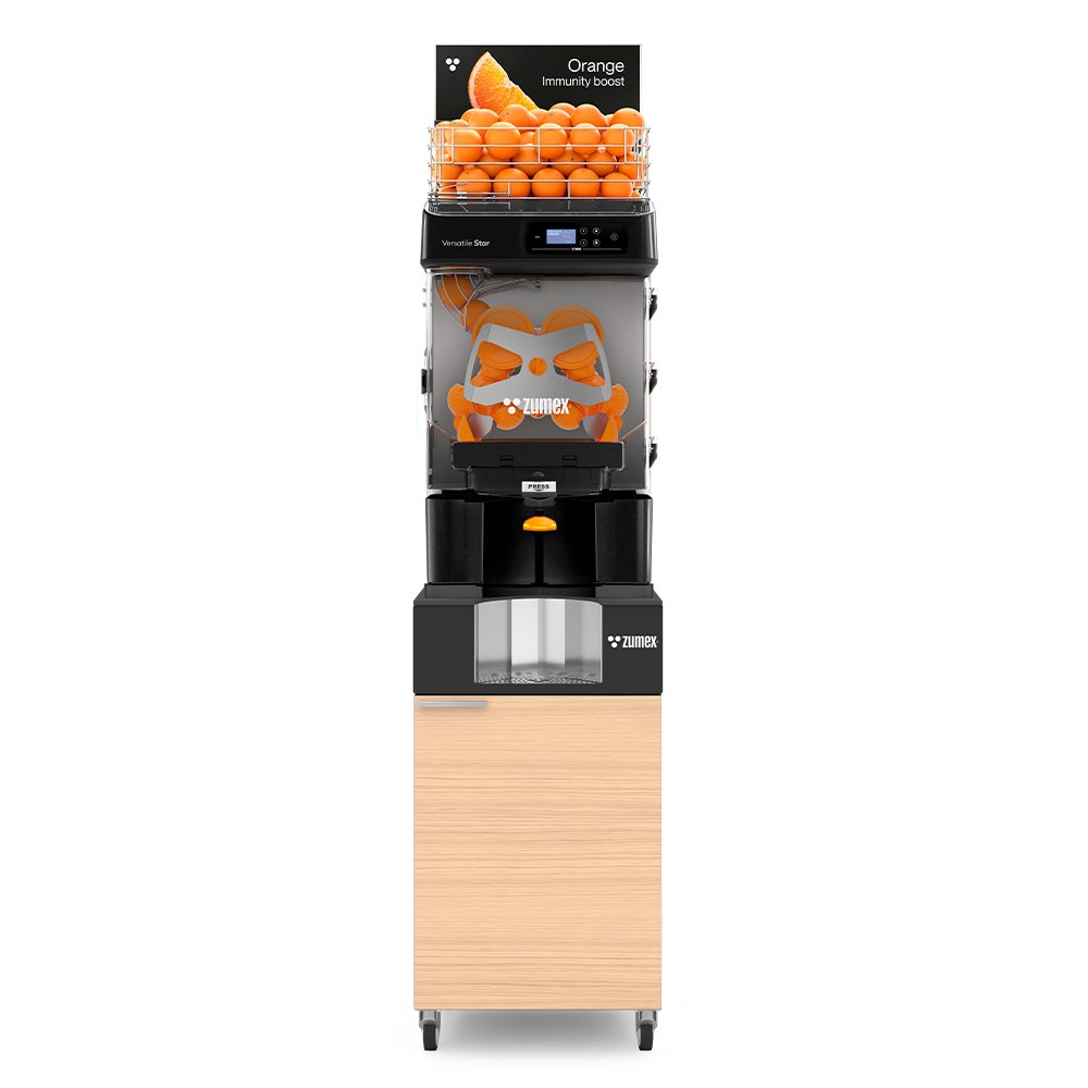 Zumex Versatile Star Juice Corner Slim self-service citrus juicer with oiled oak furniture