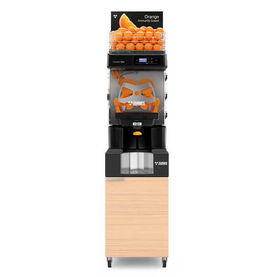 Zumex Versatile Star Juice Corner Slim self-service citrus juicer with oiled oak furniture