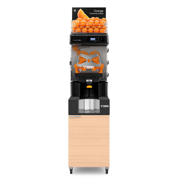 Zumex Versatile Star Juice Corner Slim self-service citrus juicer with oiled oak furniture