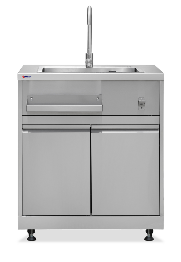 Omcan 47961 32 inch stainless steel hand sink cabinet stand with faucet and two door storage