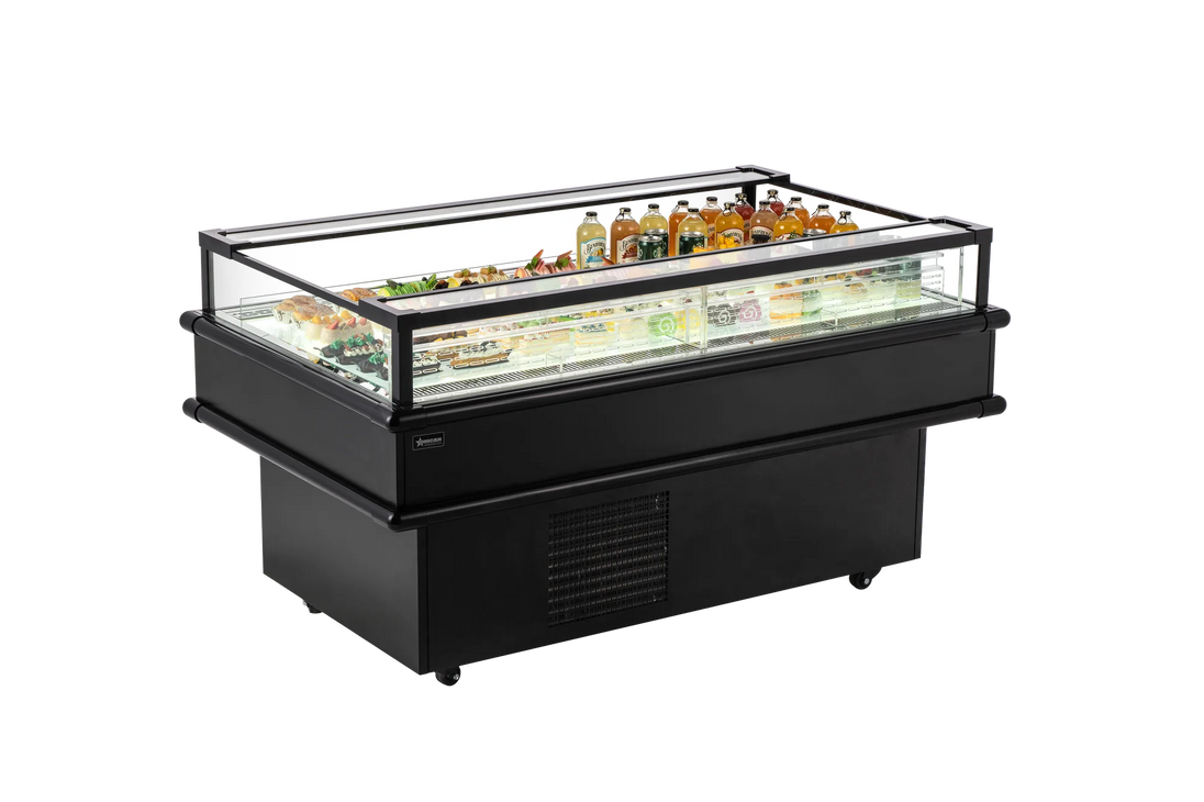 Omcan RE-CN-1500C 61 inch refrigerated island top-open showcase in black