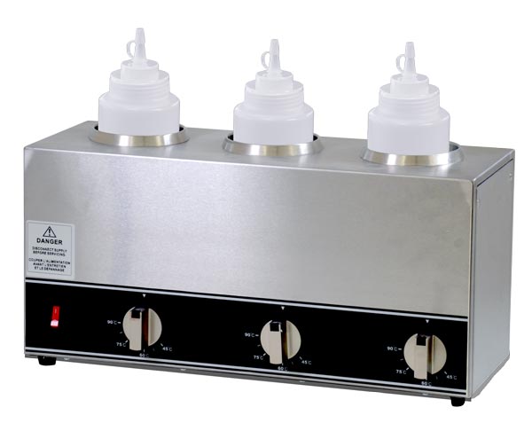 Omcan FW-CN-1603 triple bottle sauce warmer with three 32 oz squeeze bottles
