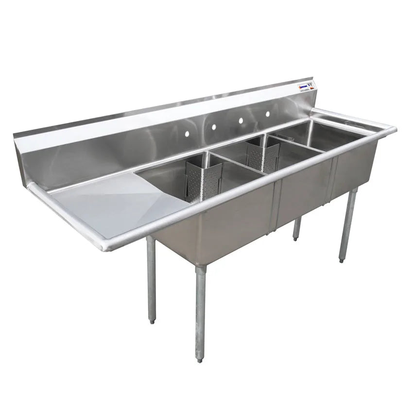 Omcan 25259 three tub sink with 24 x 24 x 14 inch tubs, corner drains and left drainboard
