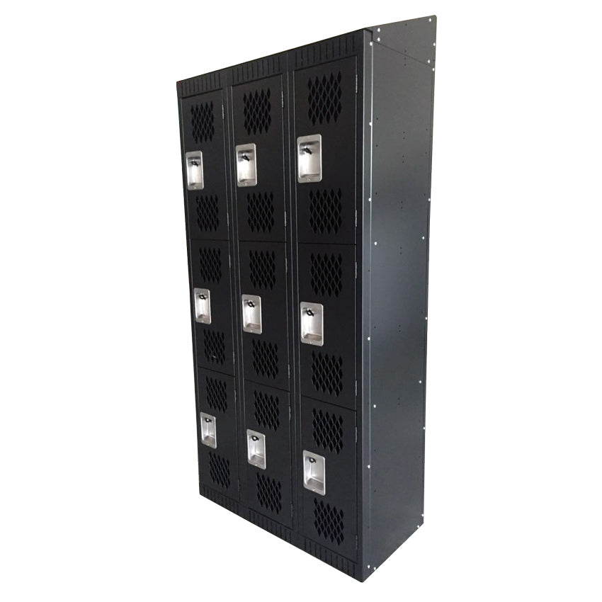 Omcan 43048 three tier three bank black steel locker with mesh doors