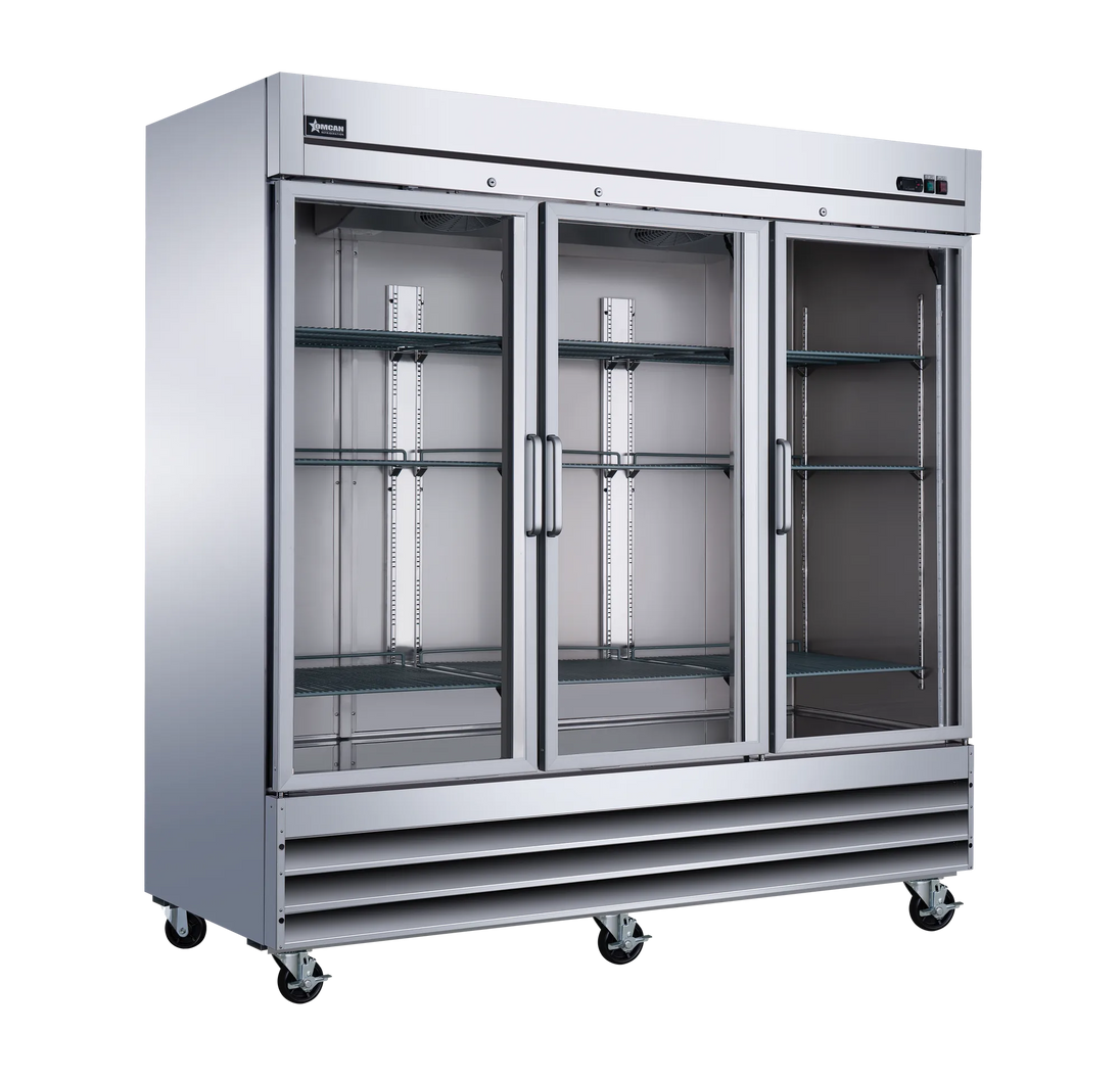 Omcan RE-CN-0067-G-HC 81 inch three glass door reach-in refrigerator