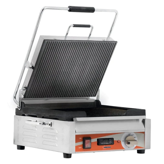 Omcan PG-CN-0679-RT single panini grill with grooved 12 x 15 inch plates and timer