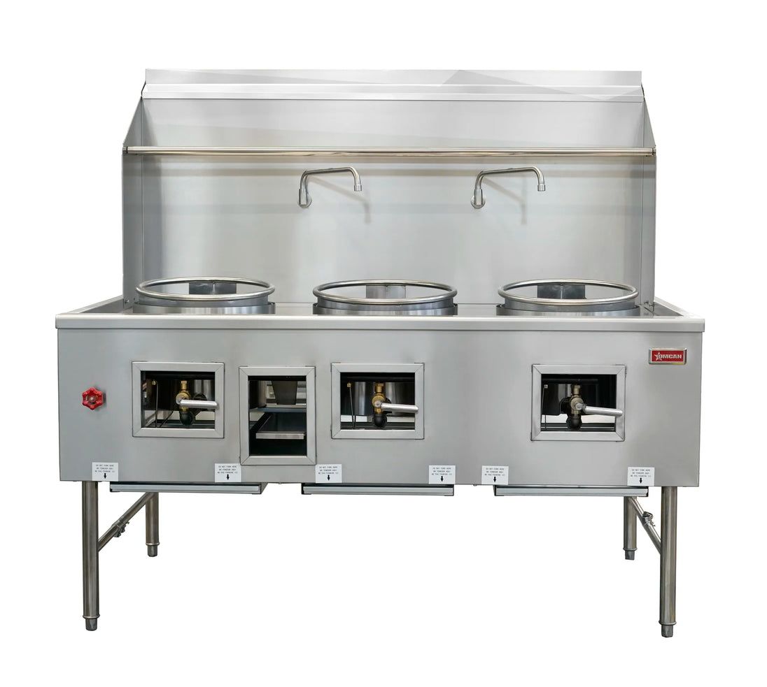 Omcan CE-CN-W3L3-NG three chamber natural gas wok range with three 16 inch rings