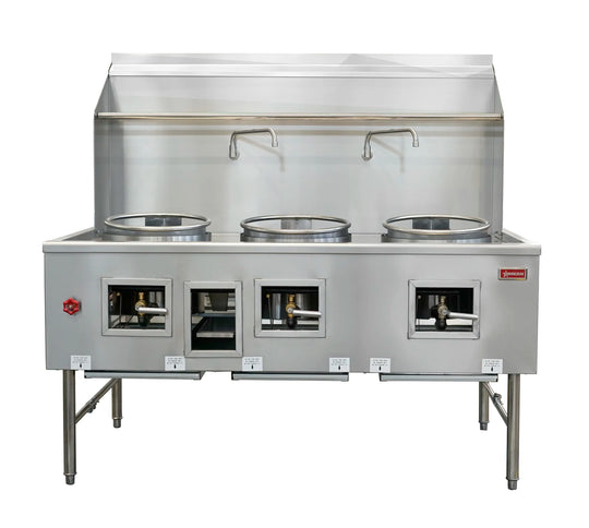 Omcan CE-CN-W3L3-NG three chamber natural gas wok range with three 16 inch rings