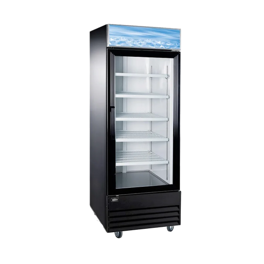 Omcan RE-CN-0023-H 28 inch one glass door merchandiser refrigerator with lightbox in black