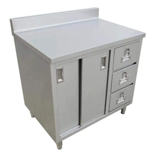 Omcan 43483 24 x 48 inch stainless steel worktable with cabinet, drawers and sliding doors
