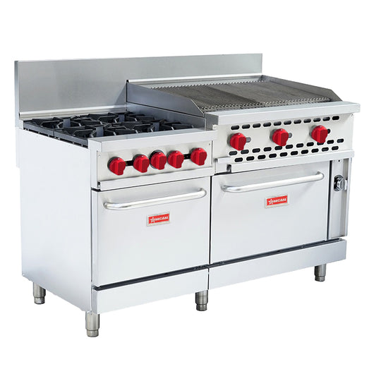 Omcan CE-CN-60-36CB-NG 60 inch natural gas range with char broiler and two ovens