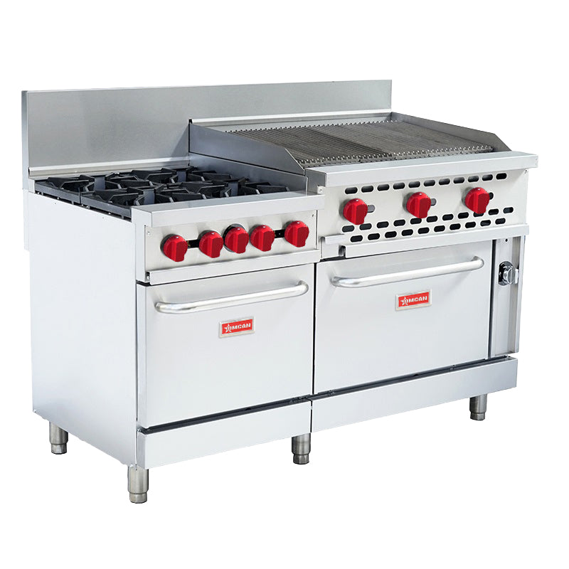 Omcan CE-CN-60-36CB-NG 60 inch natural gas range with char broiler and two ovens