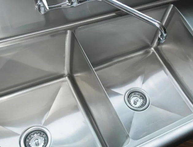 Omcan 43792 two tub stainless steel sink with right drainboard