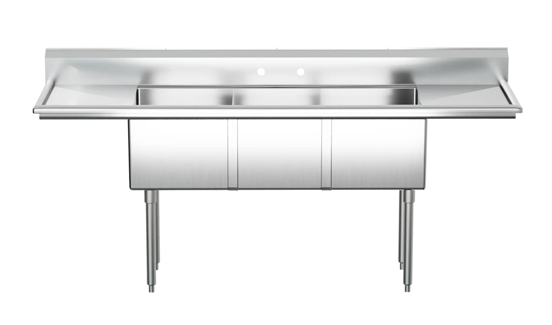 Omcan 25273 three tub sink corner drain detail