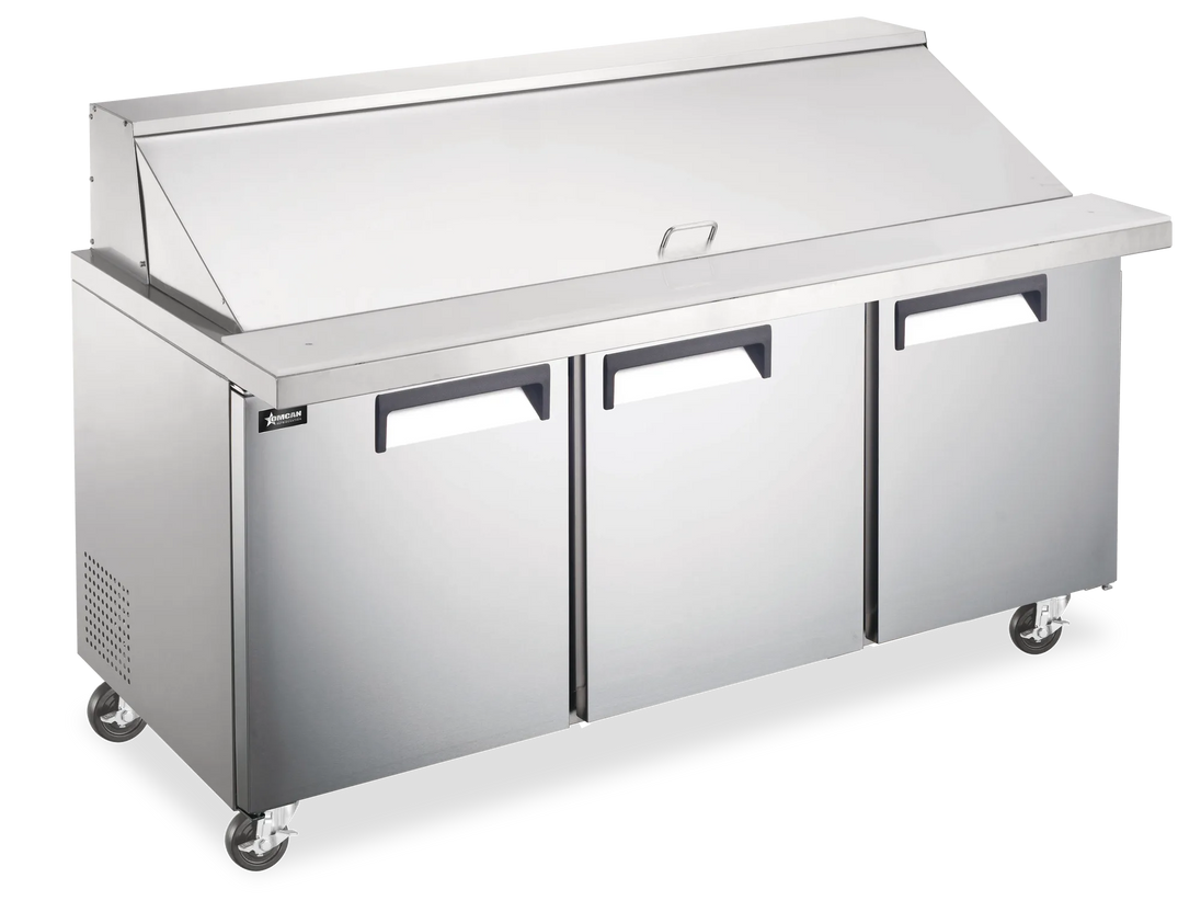 Omcan PT-CN-1787-M-HC 71 inch three door stainless steel mega top refrigerated prep table
