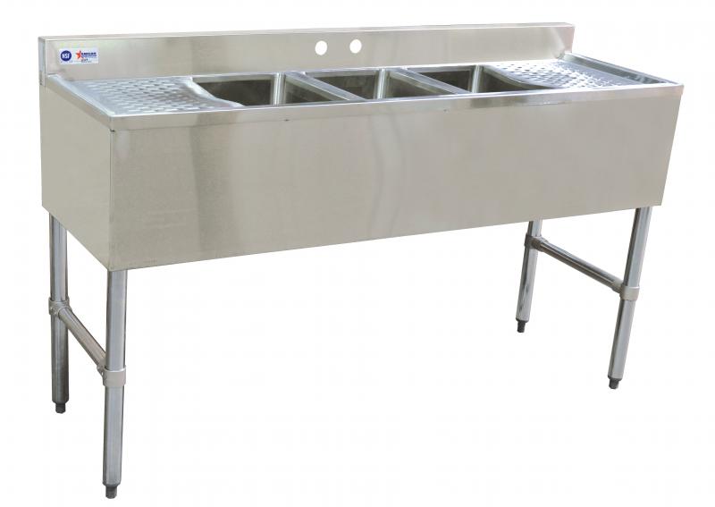 Omcan 25274 three compartment underbar sink with 13 inch left and right drainboards