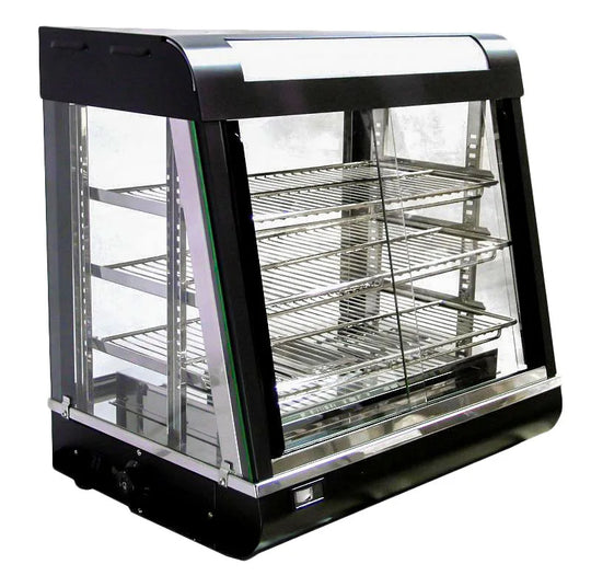 Omcan DW-CN-0686 countertop display warmer with three shelves and sliding doors