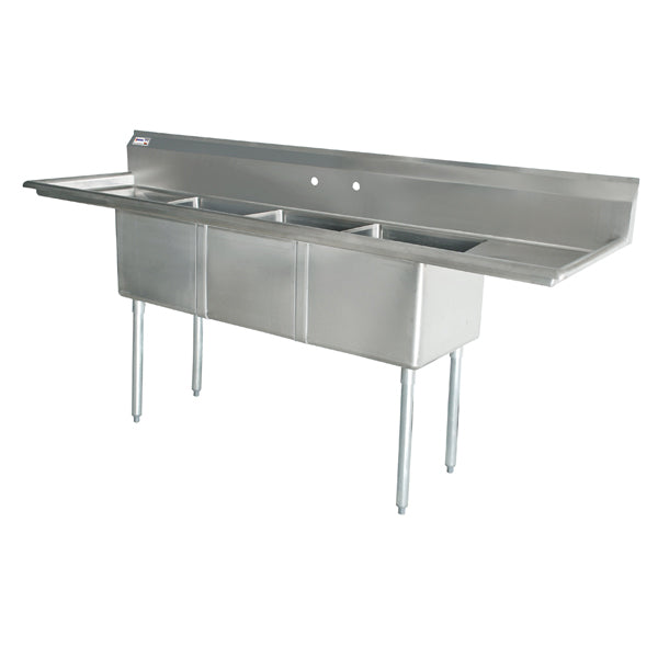 Omcan 43756 three tub stainless steel sink with two drainboards